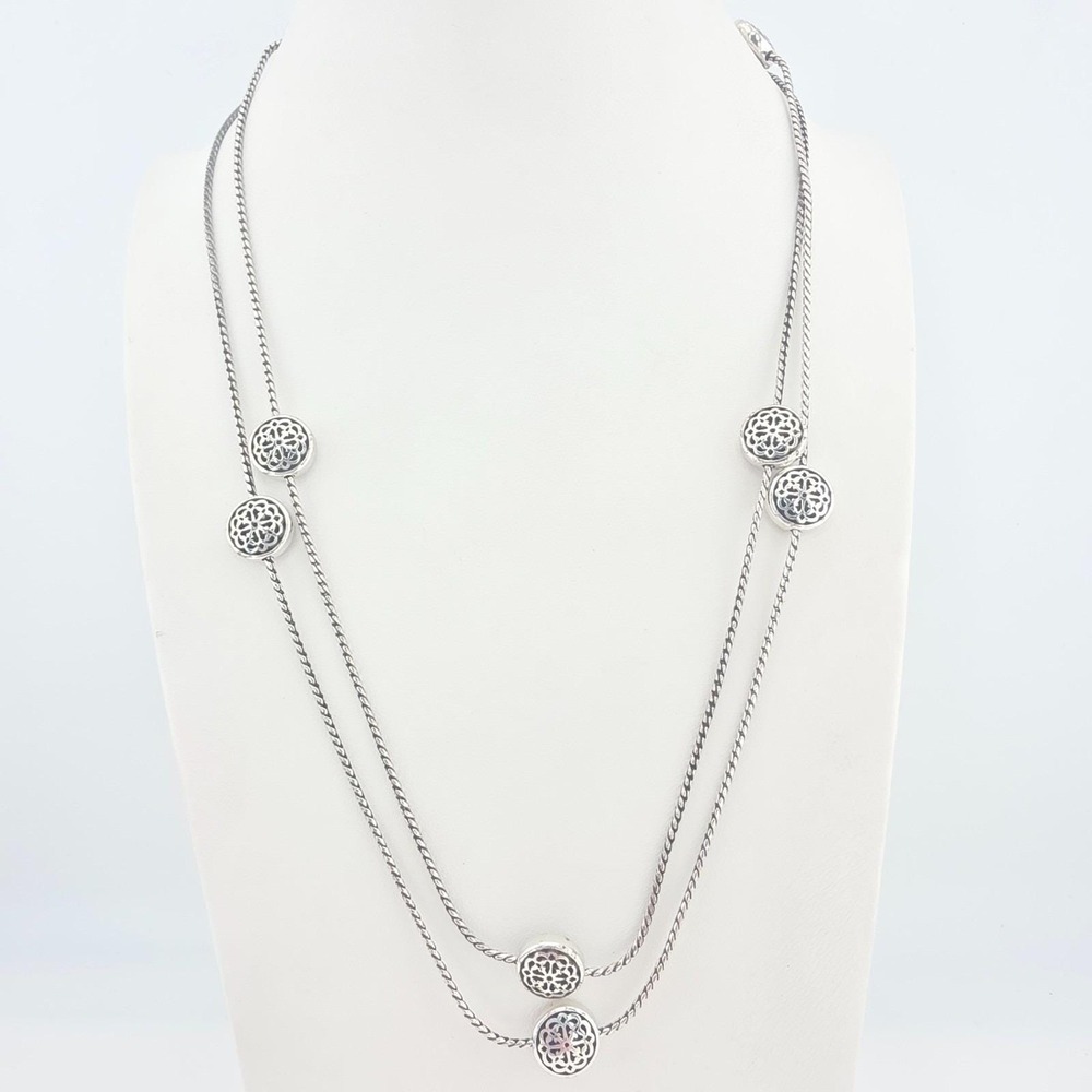 BRIGHTON 'Ferrara' Station Necklace Rose Window Medallions Long Silver Plate 40"